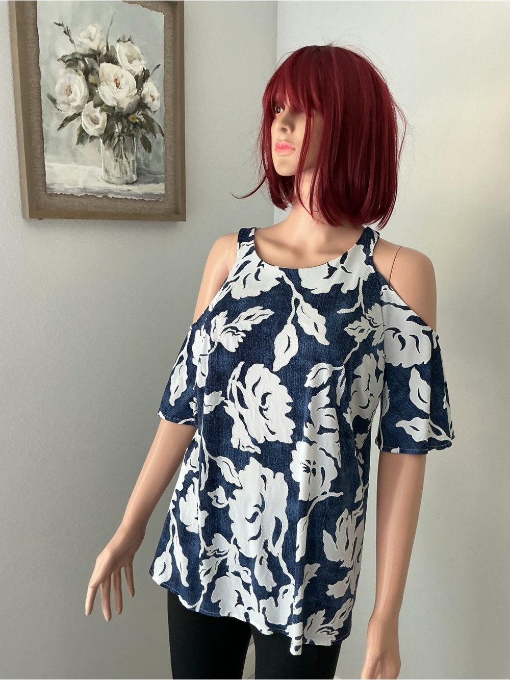 INC International Concepts Navy Blue and White Floral Tank Top *